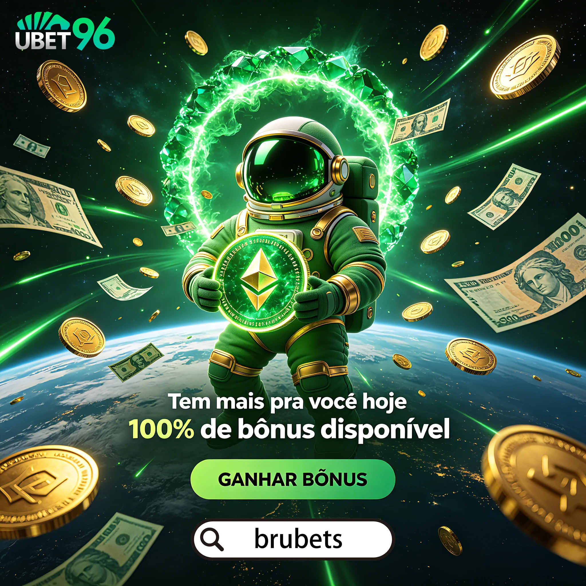 Banner Brubets com astronauta, dinheiro, moedas e mensagem de bônus disponível.
