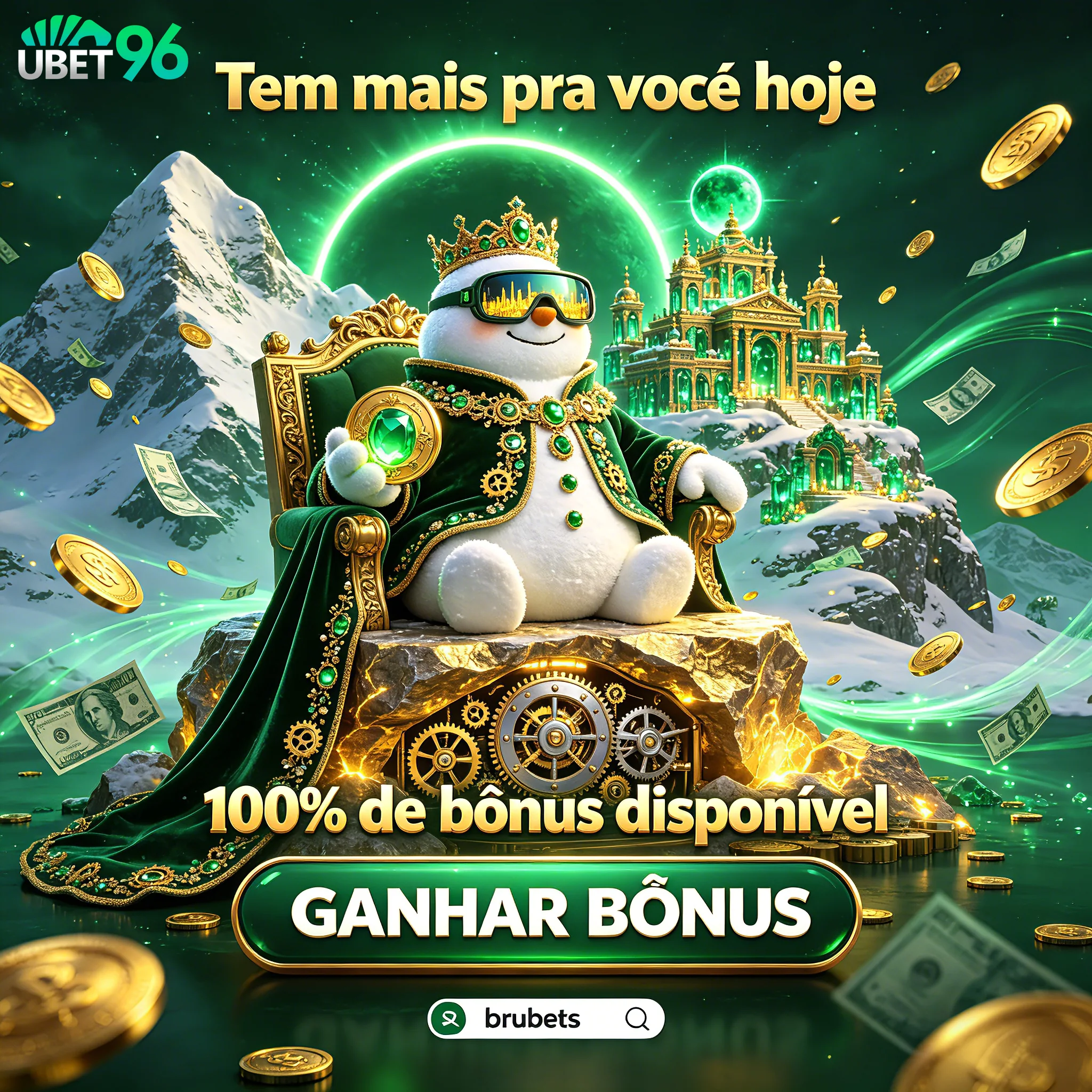 Banner Brubets com personagem de neve, moedas e chamada de bônus disponível.