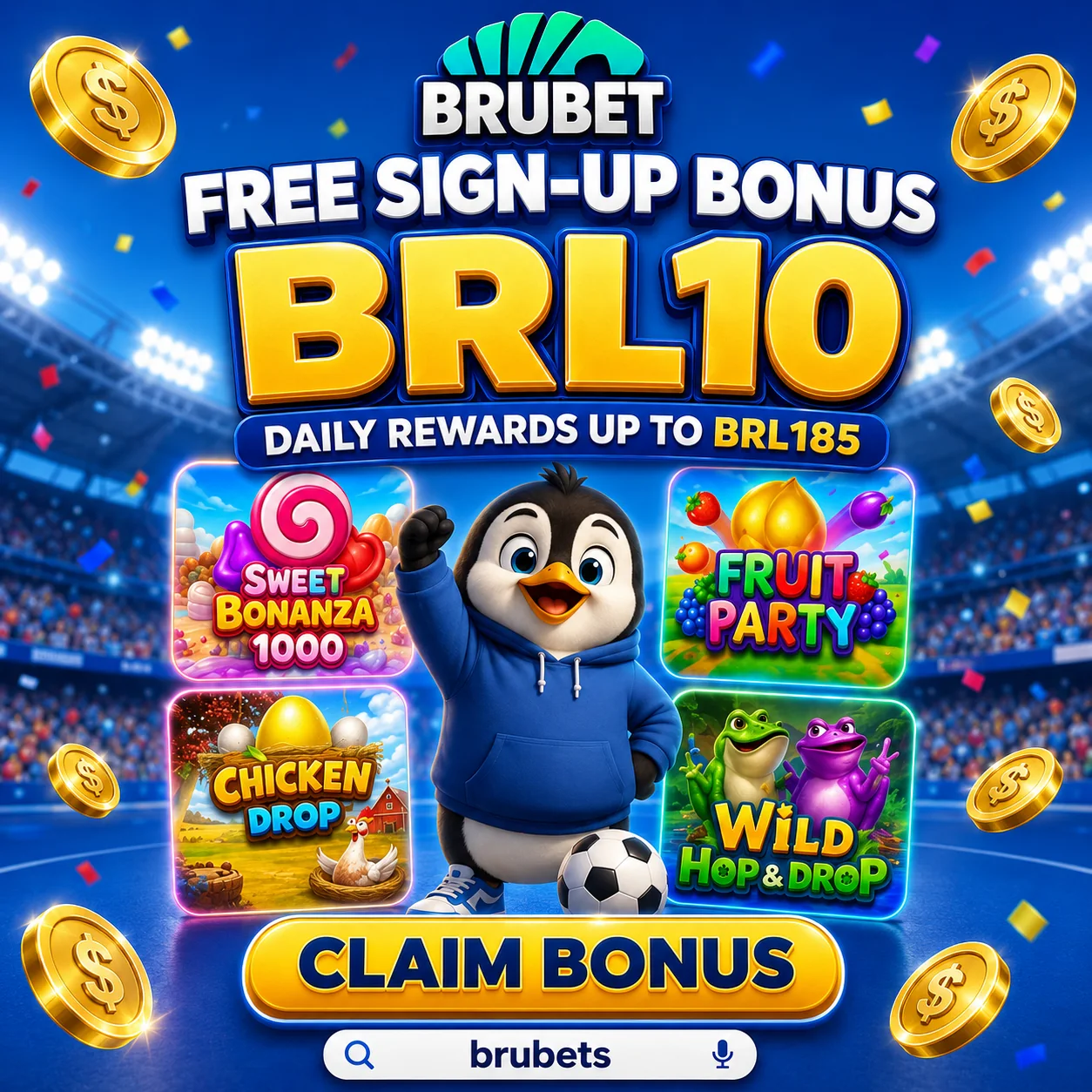 Banner Brubets Free Sign-Up Bonus BRL10 com ícones de jogos, moedas e botão Claim Bonus.